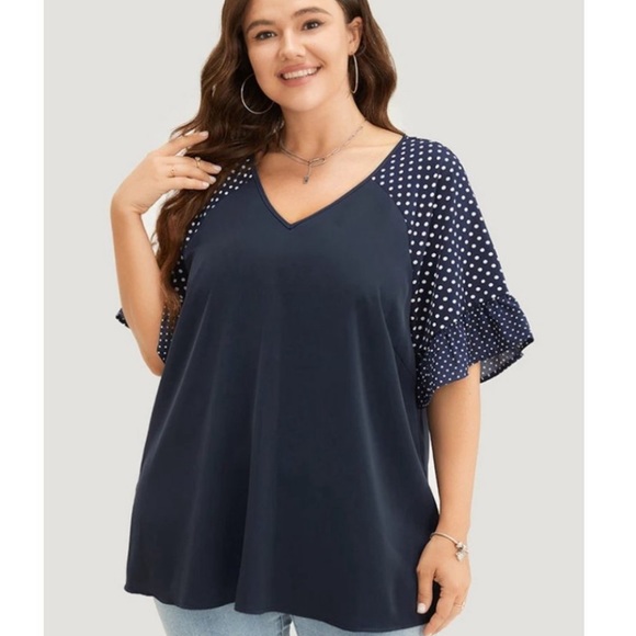 NWT- Bloomchic Navy Polka Dot Raglan Sleeve Ruffle Trim Blouse - Picture 3 of 6